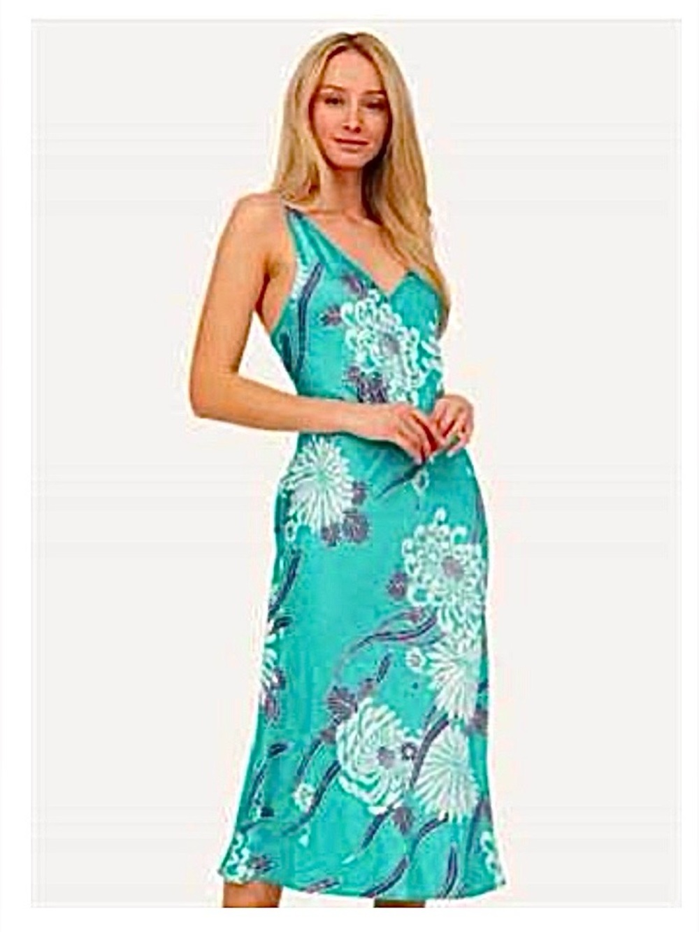 NATORI Dress Obi Teal Floral Adjust Spaghetti Strtch Sexy Silky NWT Sz S/M